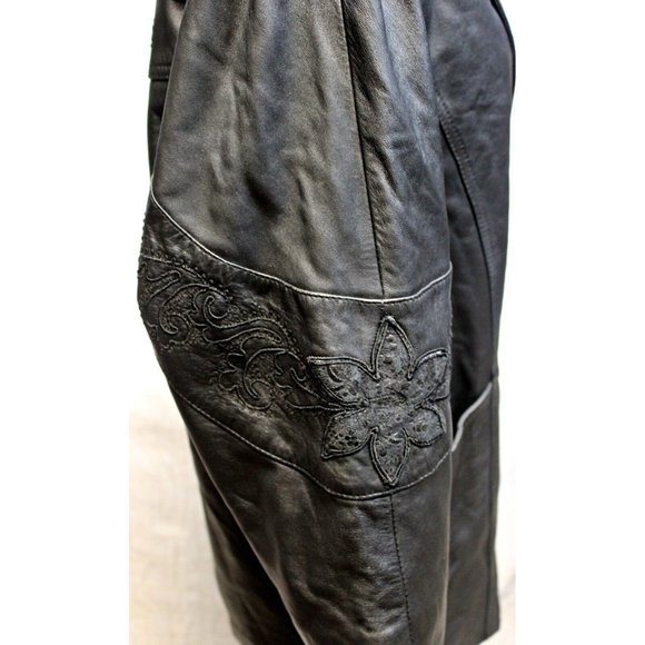 Vtg 80s ECHTES Leder Women's Leather Trench Coat Jacket Embroidered Detail Sz S - Picture 6 of 12